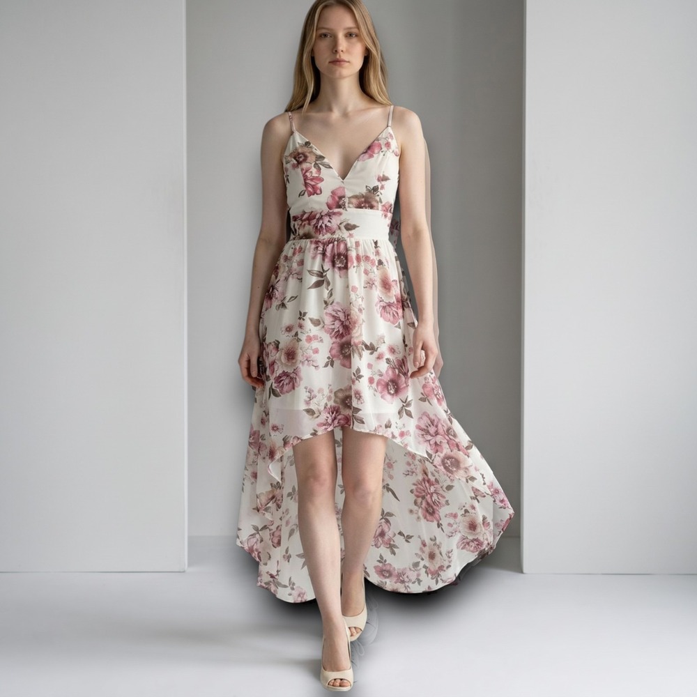 Love Tree Dress Womens Cream S Floral High-Low Chiffon, Wedding, Romantic